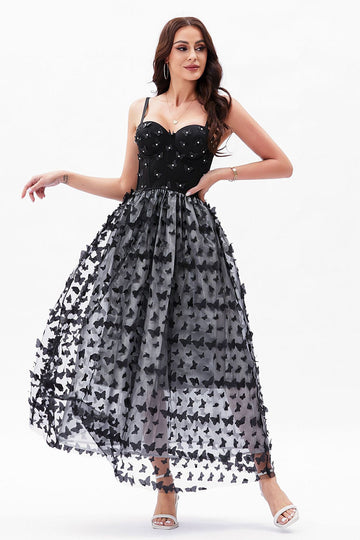 Vestido de fiesta con corsé de tirantes finos de línea A negro con mariposas 3D